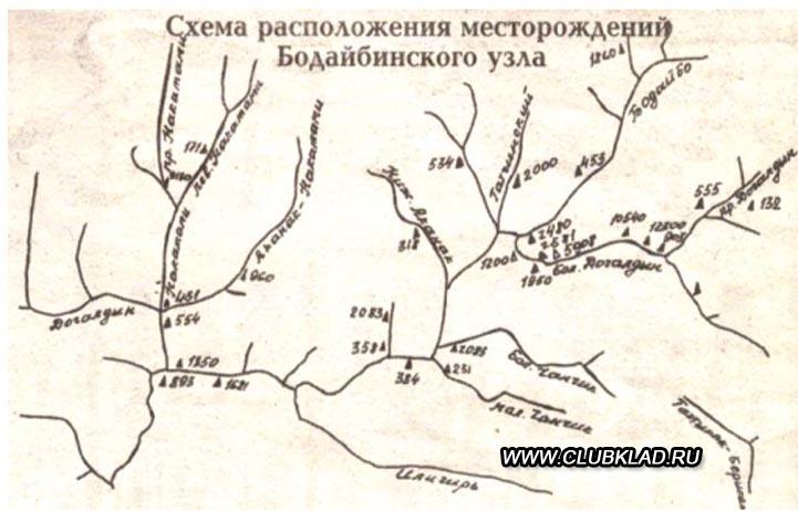 Карта с указанием мест нахождения крупных самородков