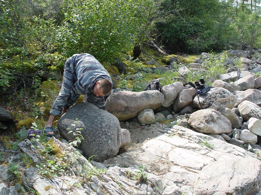 Пришлось применить не дюжую силу ворочая и отдвигать валуны, чтобы добраться до трещины в плотика где скрывался золотой самородок
